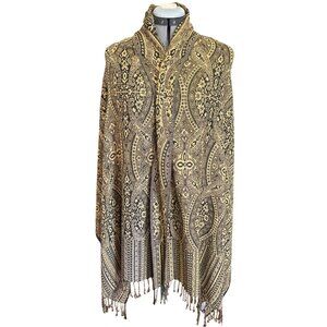 Pashmina Shawl Cashmere Silk Black Gold Paisley Fringe Wrap Scarf Made In India